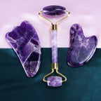 Natural Amethyst Crystal Facial Massage Roller and Gua Sha Beauty Set