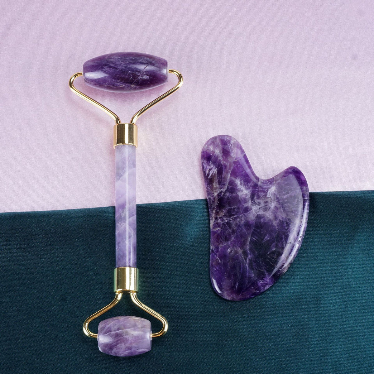 Natural Amethyst Crystal Facial Massage Roller and Gua Sha Beauty Set